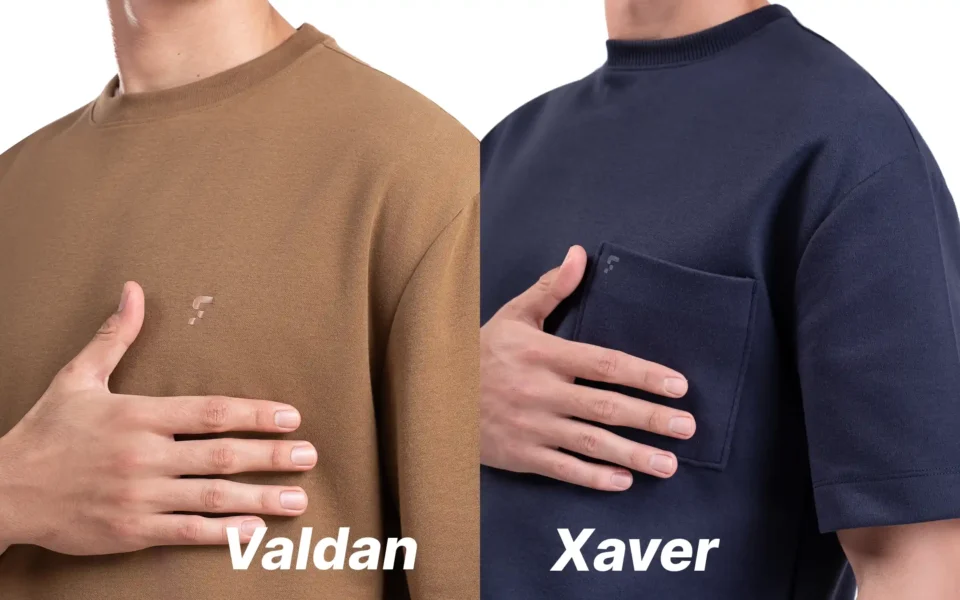Detail tekstur kain Micro Cotton Danbowl pada kaos VALDAN dan Premium Cotton 290 GSM pada kaos XAVER 2.0